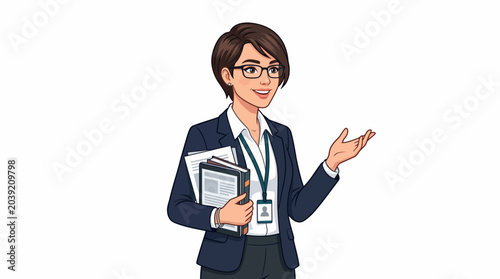 Illustration of a smiling businesswoman holding files and gesturing with her hand against a clean white background.