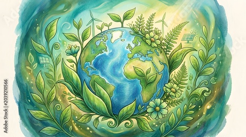 Vibrant Earth Surrounded by Lush Greenery and Wind Turbines.