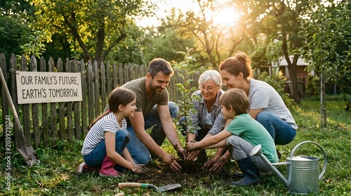 Multi-generational family planting a tree together in a sunny garden.