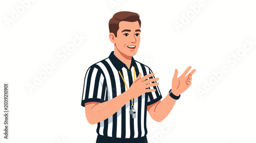 Schilderij op canvas Illustration of a smiling male referee in a black and white striped shirt gesturing with a whistle in his hand against a clean white background