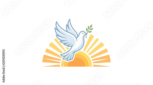 Foto Graphic illustration of a white dove holding an olive branch in front of a vibrant orange sunburst on a plain white background