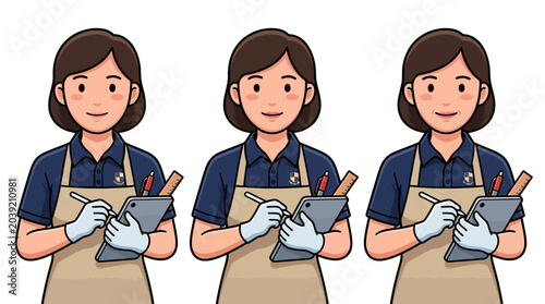 Three cartoon women wearing aprons and gloves holding gray trays with tools on a plain white background.