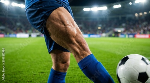 Close-up of Quadriceps Muscle Contraction During Powerful Soccer Ball Strike.