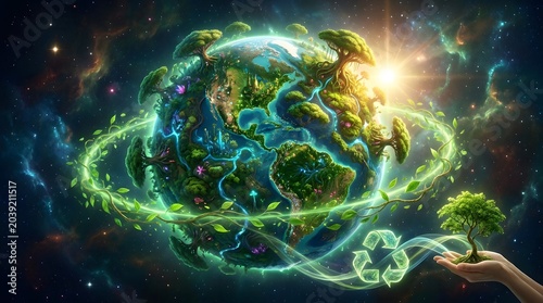 Vibrant Earth with Green Energy Ring and Recycling Symbol.