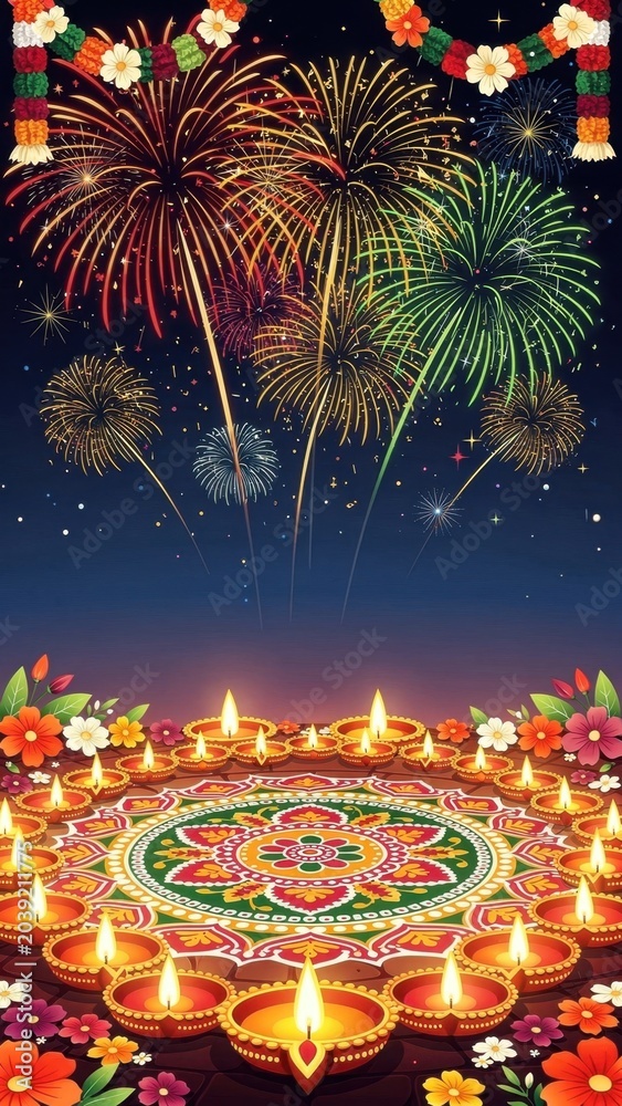 Obraz premium Diwali Festival Celebration with Fireworks and Diya Lights