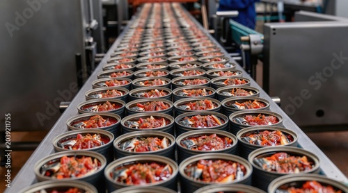 Rows of open tin cans filled with fish, red tomato sauce move on factory conveyor belt. Automated food production line prepares canned seafood for market. Quality control in food manufacturing plant.