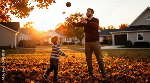 Father and son play ball in a yard full of autumn leaves. The sun sets, casting warm light on the happy family enjoying outdoor time together.