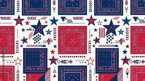 Valokuva Vibrant geometric fabric pattern with squares, stars and paisley in red and blue
