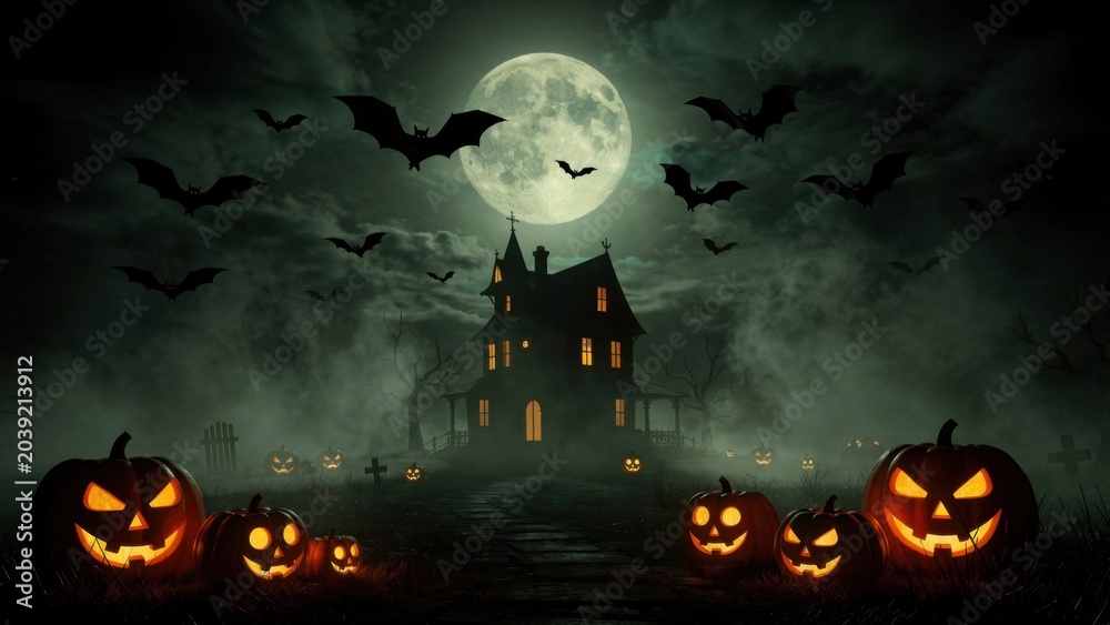Fototapeta premium Haunted House with Pumpkins and Bats Under Full Moon