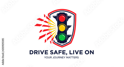 Road Safety Emblem with Traffic Light and Shield Icon.