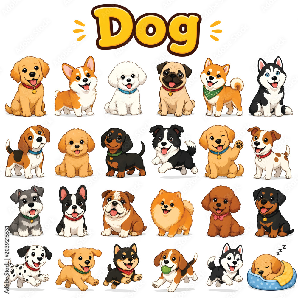 Fototapeta premium Dog Line Art Vector Icon Set, Domestic Canine Pet Outline Illustration Collection