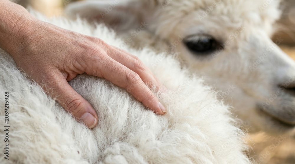 Fototapeta premium Gentle human hand touching soft white alpaca fur outdoors, close-up shot. Calm animal connection.