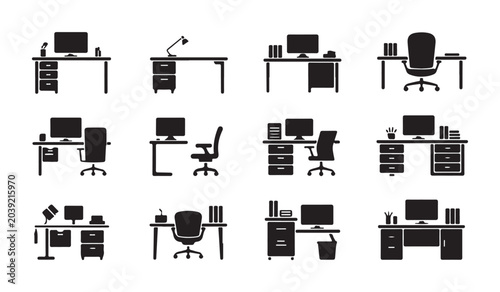 Tableau sur toile Office desk icon collection for workplace setup and home interior computer workstation layout