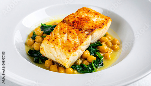 Pan-Seared Cod with Chickpeas and Spinach: A succulent piece of pan-seared cod sits atop a bed of tender chickpeas and wilted spinach, all drizzled in a light, flavorful broth.
