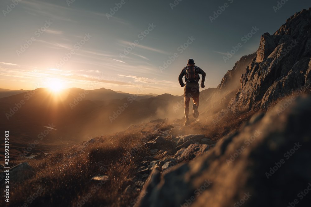 Fototapeta premium Trail runners sprint across the mountainous landscape.