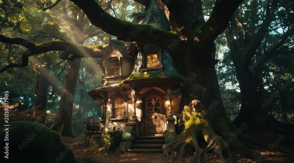 Obraz premium Fairytale cottage nestled in ancient forest. Sunlight streams through leaves, illuminating mossy tree roots, small glowing orbs. Cozy, whimsical dwelling evokes deep woodland magic, secret sanctuary.
