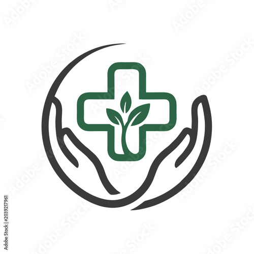Caring hands gently embrace a green medical cross with sprouting leaves symbolizing healthcare growth wellness and organic remedies a logo concept for natural medicine and compassionate