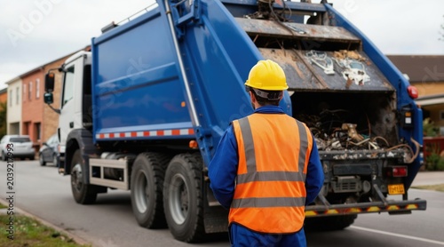 Garbage collector in hard hat and vest stands near sanitation truck. Worker oversees waste disposal and collection process on residential street. Professional man manages city cleaning service.