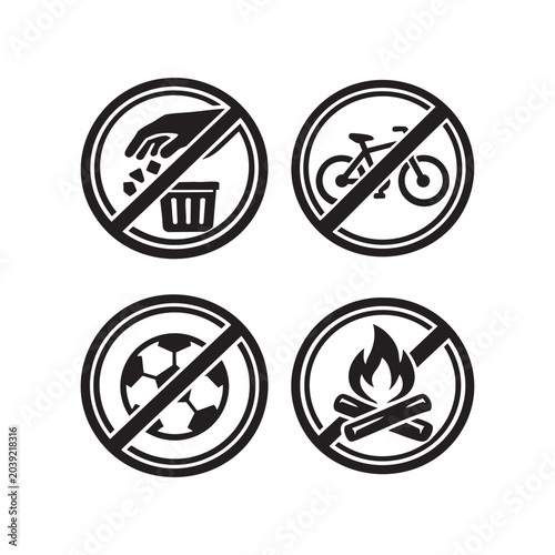 Park Prohibition Icons – No Littering, Cycling, Ball Games, Fires