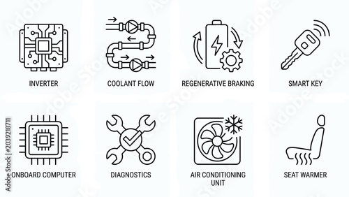 Automotive Technology Line Icons Set: Inverter, Coolant Flow, Regenerative Braking, Smart Key, Onboard Computer, Diagnostics, Air Conditioning Unit, Seat Warmer.