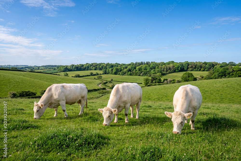 Obraz premium Three white cows grazing on green grass in rolling pasture under blue sky in countryside