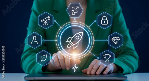 Businesswoman activating startup launch innovation ecosystem with digital technology research development and sustainable business growth strategy platform for market success