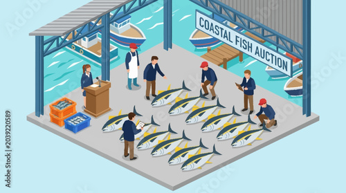 Fotografía Fishermen unloading catch at coastal auction.