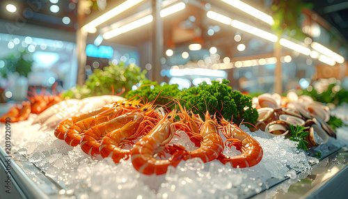 Fresh Seafood Display: A vibrant assortment of fresh seafood, including succulent prawns, delicate fish, and briny shellfish, beautifully arranged on a bed of ice under ambient lighting.