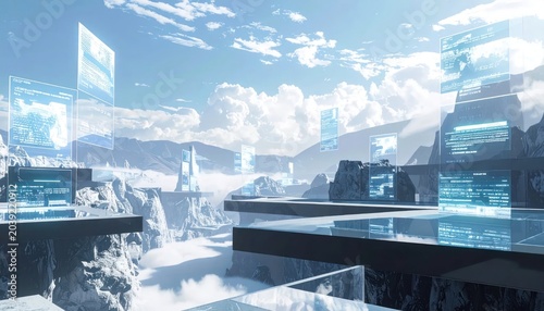Futuristic cityscape with sleek architecture and cloudy sky.