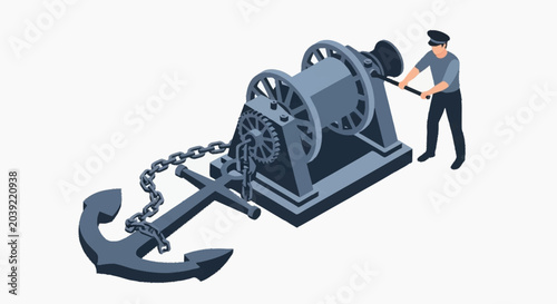 Photos Man operating large anchor hoist machinery.