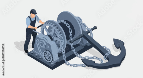 Foto Man working on large anchor machinery.