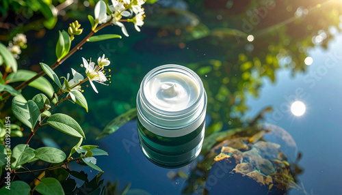 Organic Skincare in Nature: A jar of luxurious organic skincare cream sits serenely amidst lush green foliage and calm water, reflecting the gentle sunlight, embodying natural beauty and rejuvenation.