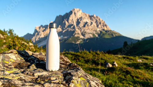 Reusable Water Bottle in Majestic Landscape: A sleek, reusable water bottle stands sentinel on a rugged rock in a breathtaking mountain landscape.
