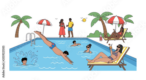 Quadro su tela People Relaxing In Swimming Pool Water.