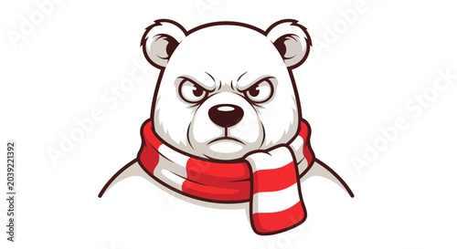 Foto Angry polar bear wearing red scarf.