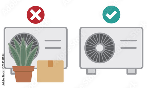 Comparison of correct and incorrect air conditioner outdoor unit placement