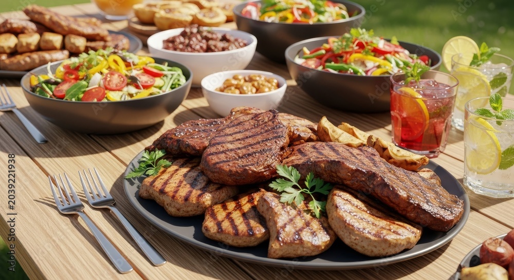 Obraz premium Vibrant outdoor barbecue buffet set on a wooden table under bright summer sunlight with grilled meats, fresh salads, and refreshing drinks, gourmet, dinner, leisure