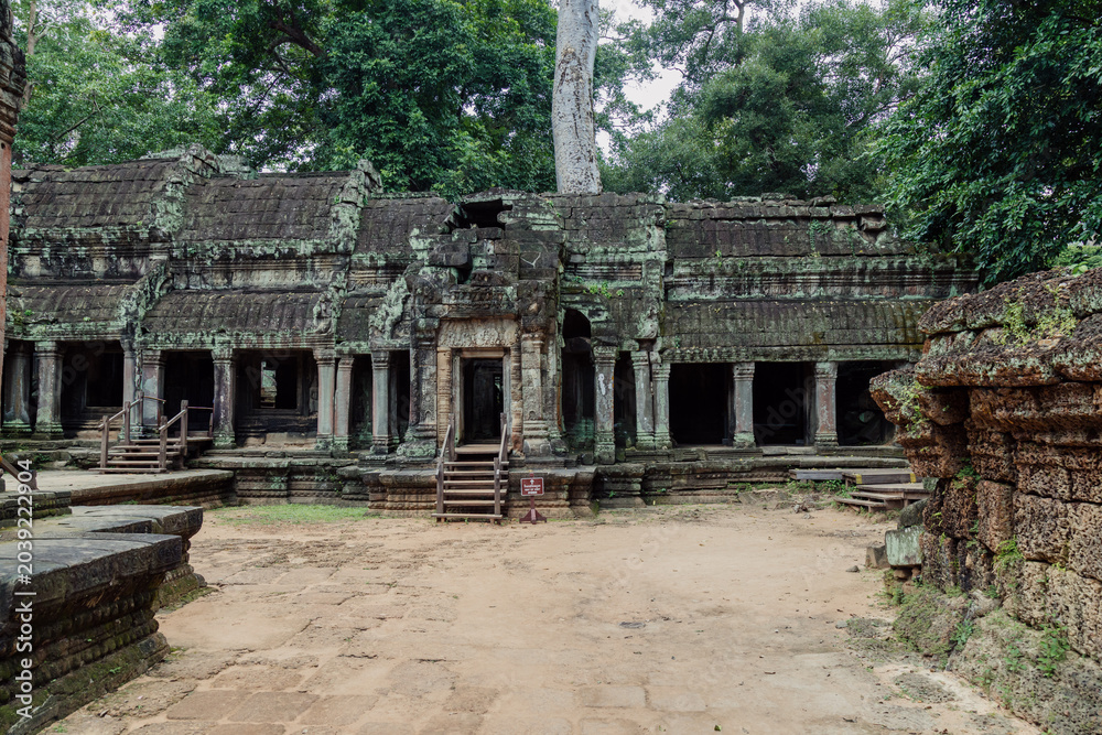 Fototapeta premium A family explores the ancient Ta Prohm temple in Siem Reap, Cambodia, marveling at its intricate architecture and the jungle's embrace.