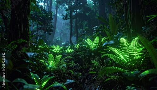 Glowing green plants in dark forest.