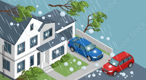 Canvastavla Hail storm damaging house and cars.
