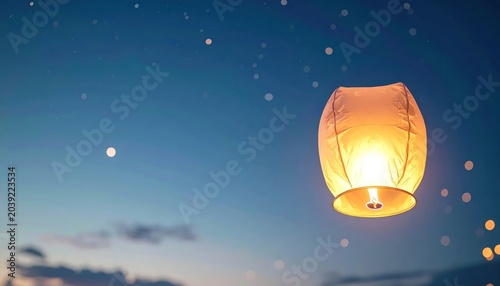 Glowing lantern in night sky with stars.