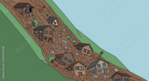 Canvas Print Landslide destruction of houses and buildings.