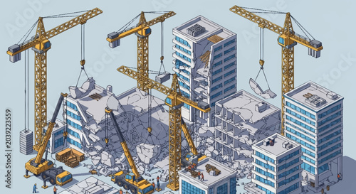 Tableau sur toile City construction site with cranes and buildings.