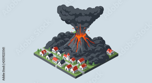 Quadro su tela Isometric illustration of erupting volcano destroying village.
