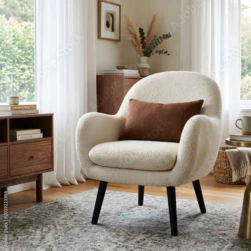 Cozy Bouclé Armchair with Mid-Century Modern Vibes and Neutral Tones for Relaxing Living Spaces
