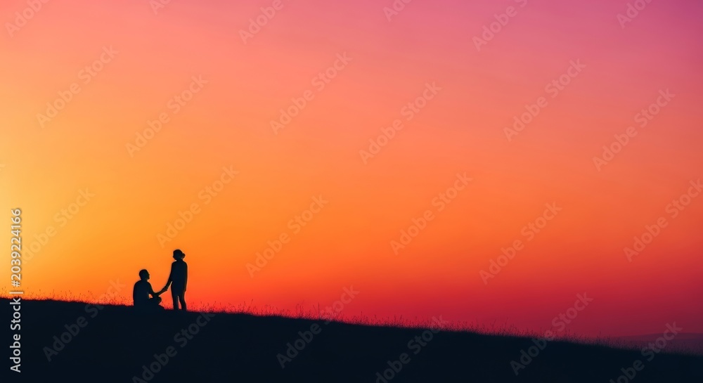 Fototapeta premium Gentle evening glow over the horizon as two silhouettes share a quiet moment on a grassy ridge. Vibrant orange and pink hues fill the sky, togetherness, coast, grass