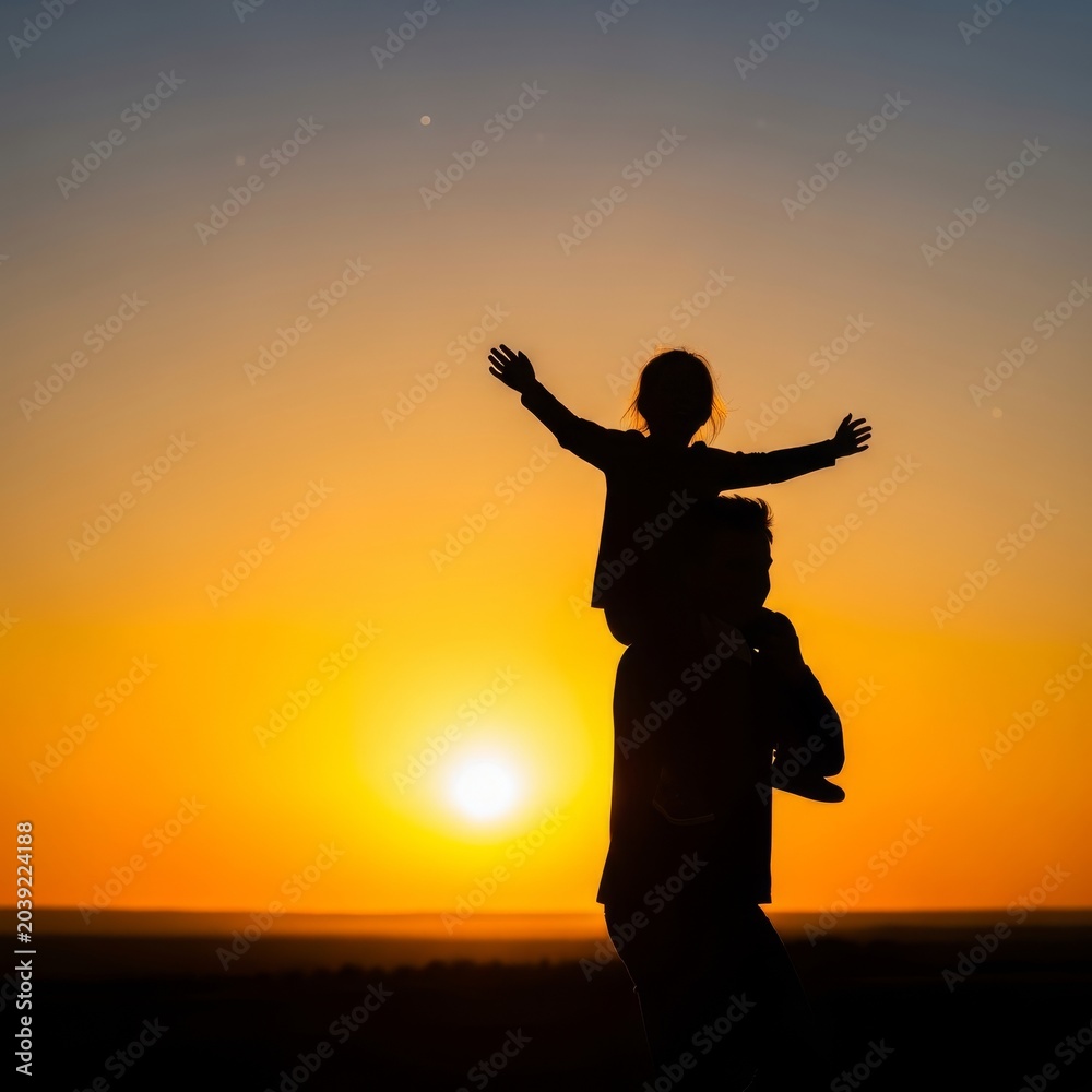 Fototapeta premium A striking silhouette of a larger figure carrying a smaller one on shoulders against a vibrant golden sunset and orange horizon backdrop, background, inspiration, nature