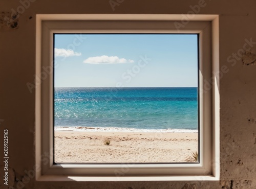 View from window shows sandy beach, bright blue ocean water, and clear sky. Sunlight sparkles on the sea waves. Peaceful coastal landscape seen from indoors.