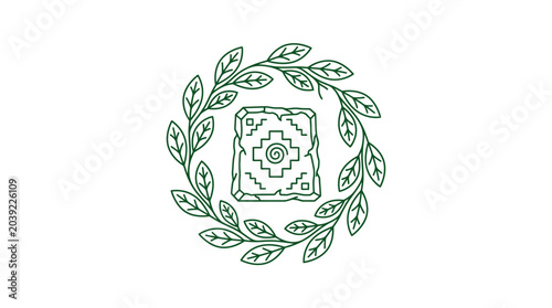 Bild auf Leinwand Ancient Andean Symbol Stone Carving with Green Leafy Wreath