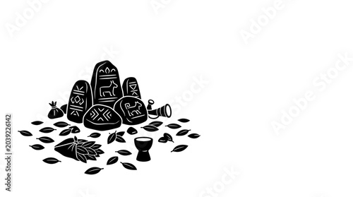 Tableau sur toile Ancient Ritual Offering Stones with Symbols and Horn